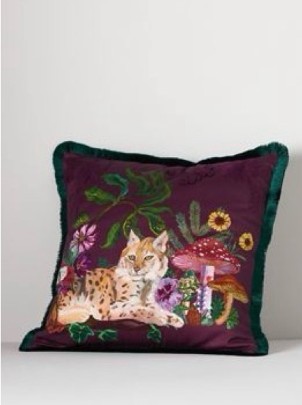 Nathalie Lete Marias Satine Embroidered Lynx Decorative Throw Pillow in Plum